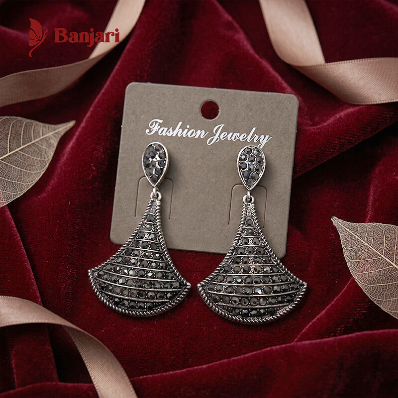 Vintage Fan-Style Oxidized Silver Drop Antique Earrings