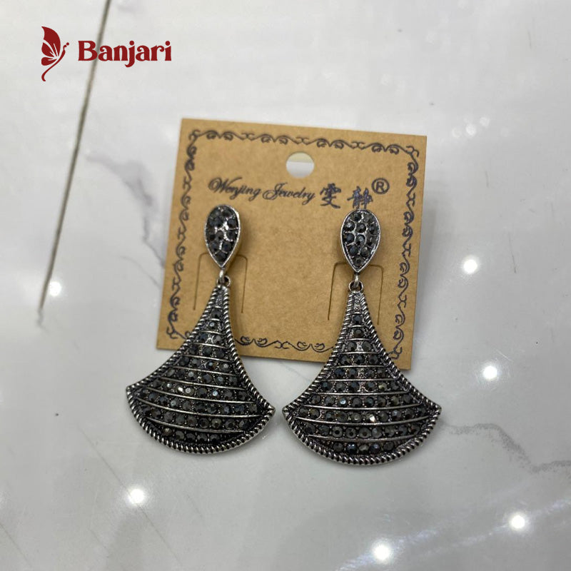 Vintage Fan-Style Oxidized Silver Drop Antique Earrings