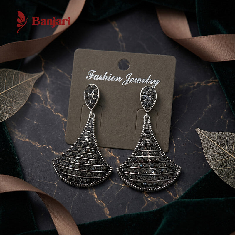 Vintage Fan-Style Oxidized Silver Drop Antique Earrings