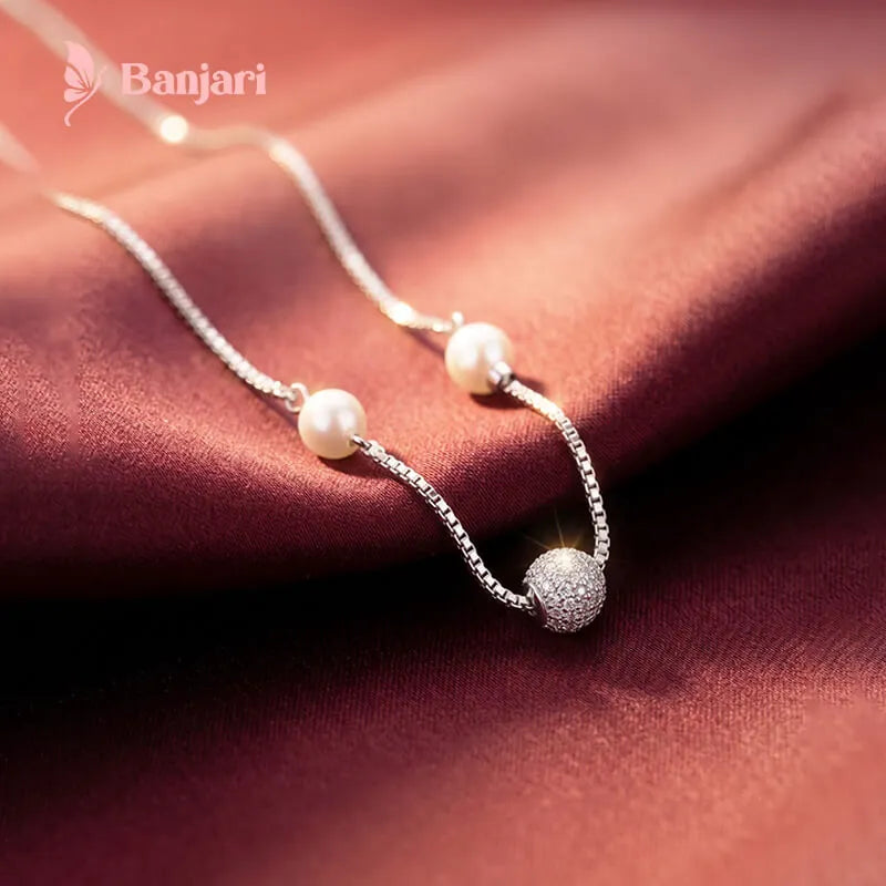 Radiant Zircon Sphere & Dual Pearl Box Chain Necklace