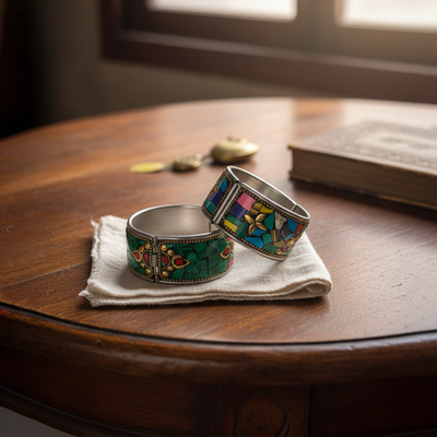 Antique Silver-Plated Tribal Kada Bracelet – Handcrafted Multicolor Stone Bangle