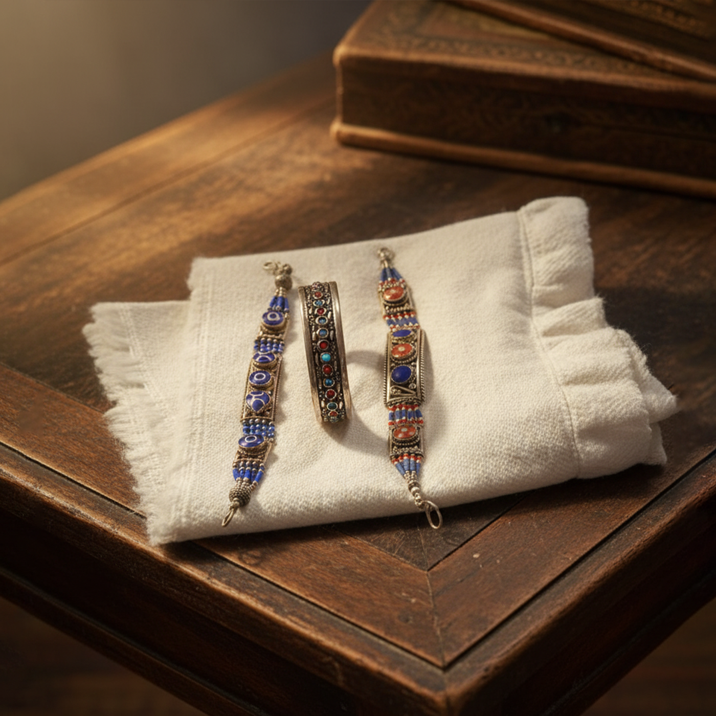 Antique Tribal Bracelet – Sterling Silver with Coral & Lapis Stones